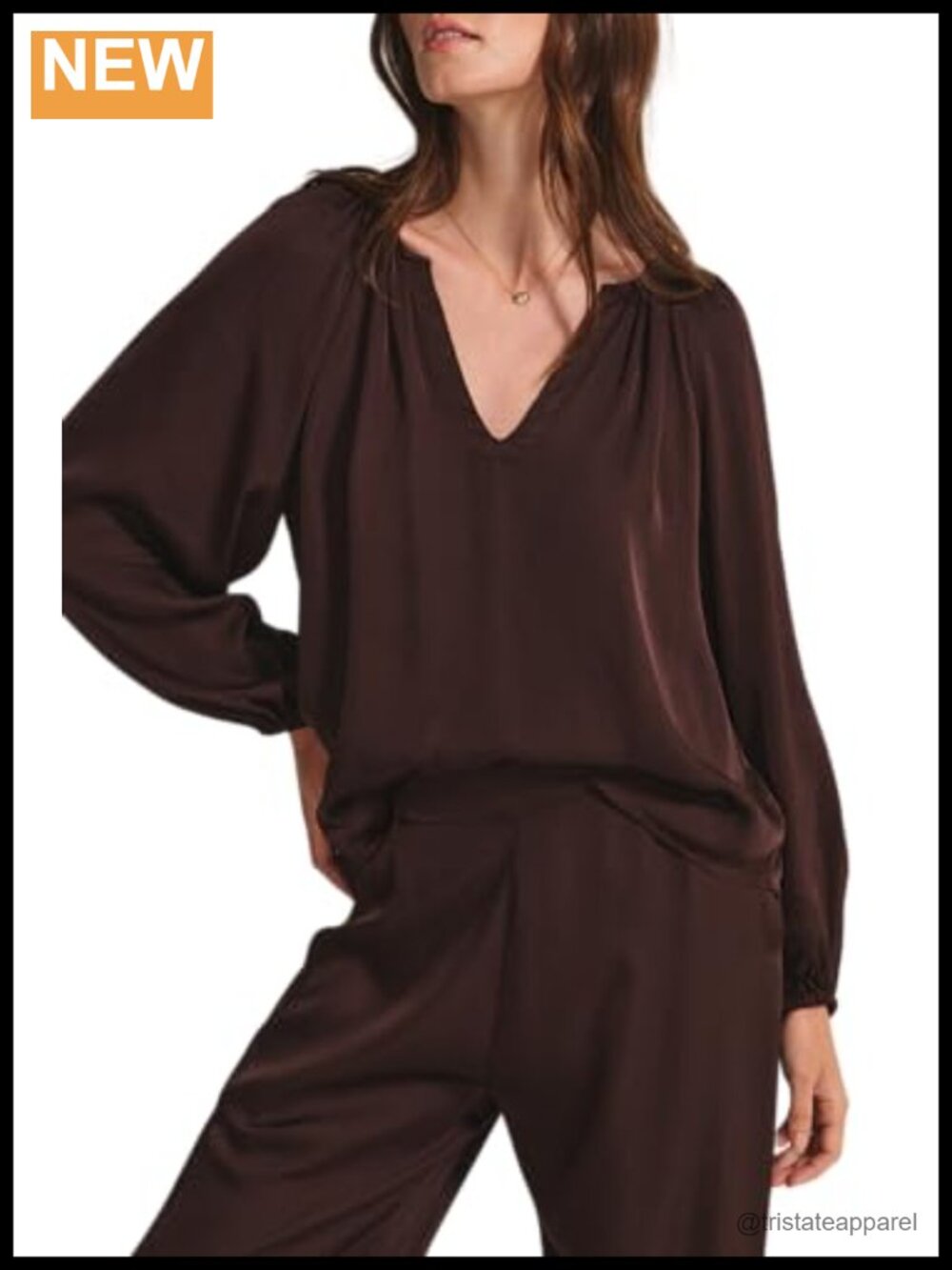 Women's V-Neck Long Sleeve Blouse with Velvet & Satin Mix Media Material